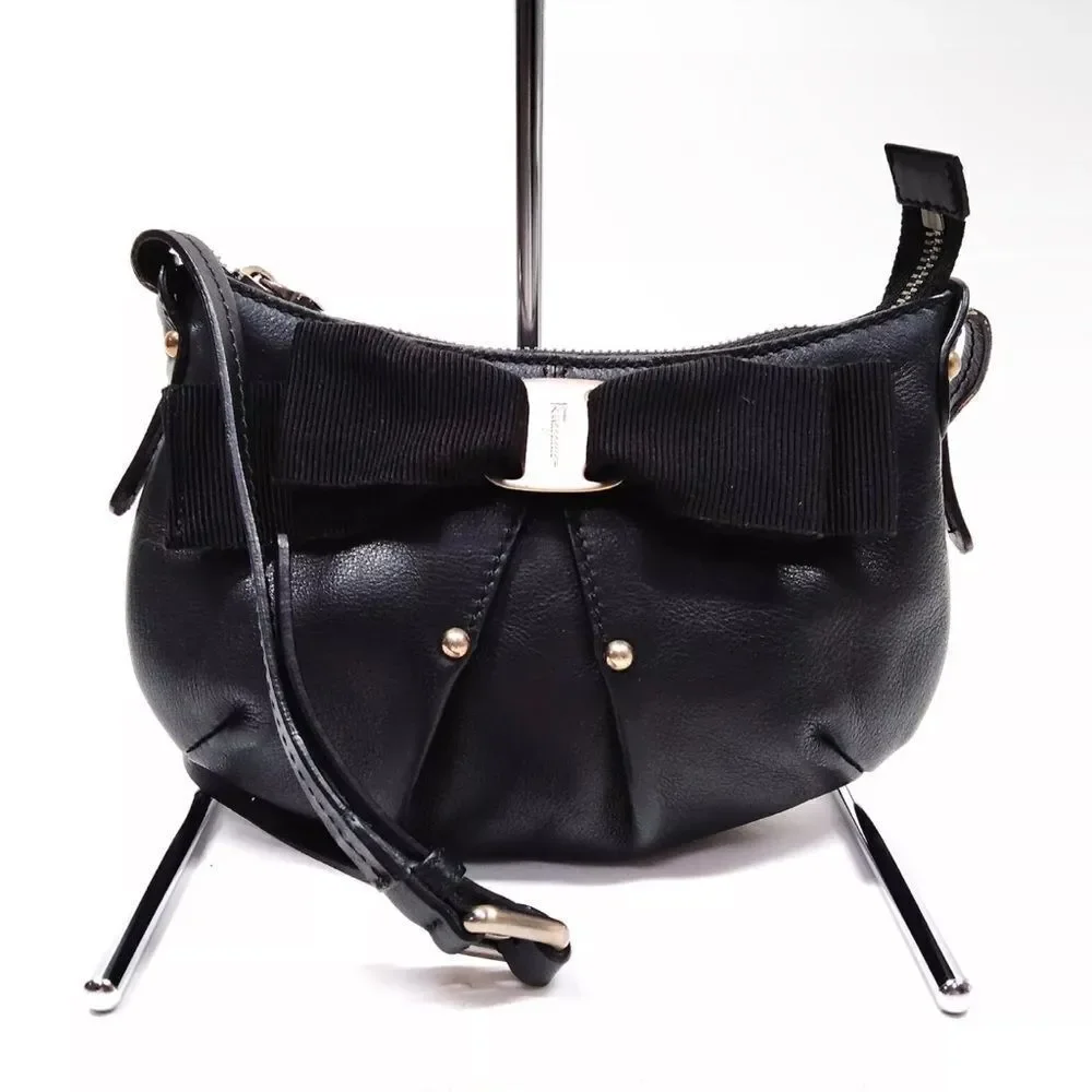 Auth Salvator Ferragamo Black Leather Small Studded Crescent Vara Hobo Bag